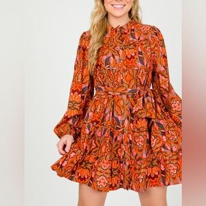 Dress Forum Long Sleeve Patterned Mini Dress with Tie Belt Size Large